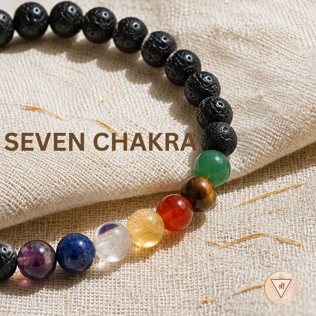 Seven Chakra crystal bracelet on natural linen fabric