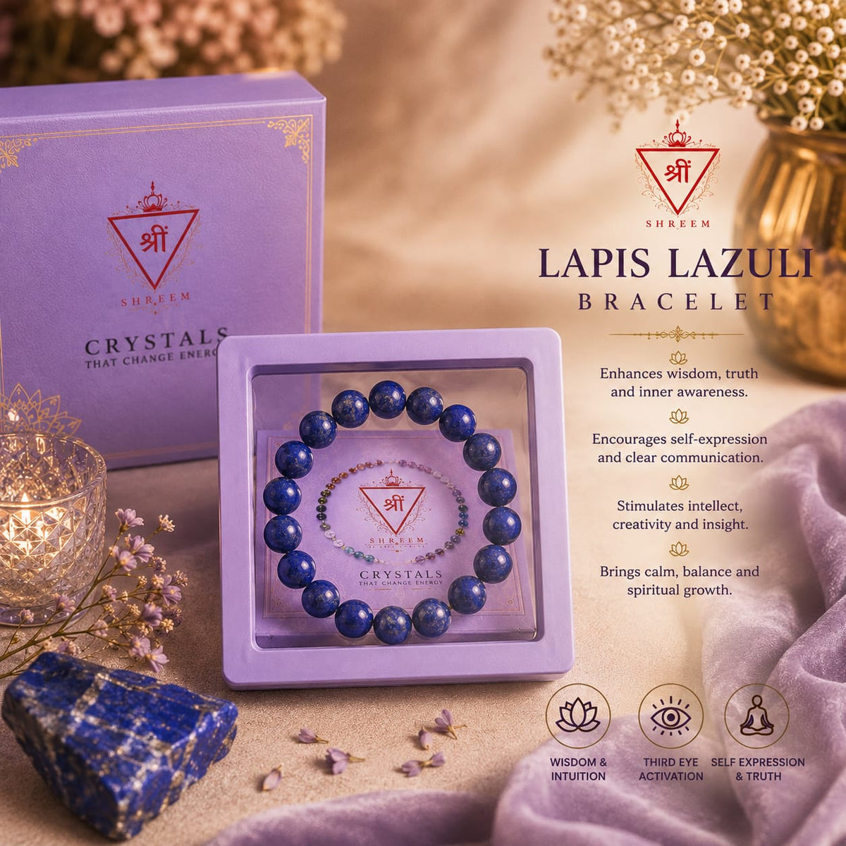 Lapis Lazuli bracelet in NATHSVIKAAR gift box with benefits