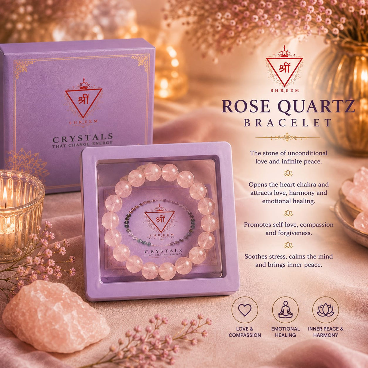 Rose Quartz bracelet in NATHSVIKAAR gift box with benefits